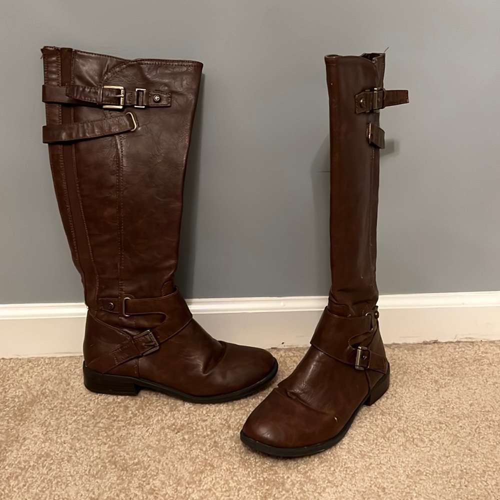 Guess Zip Up Knee High Boots Faux Leather Boots